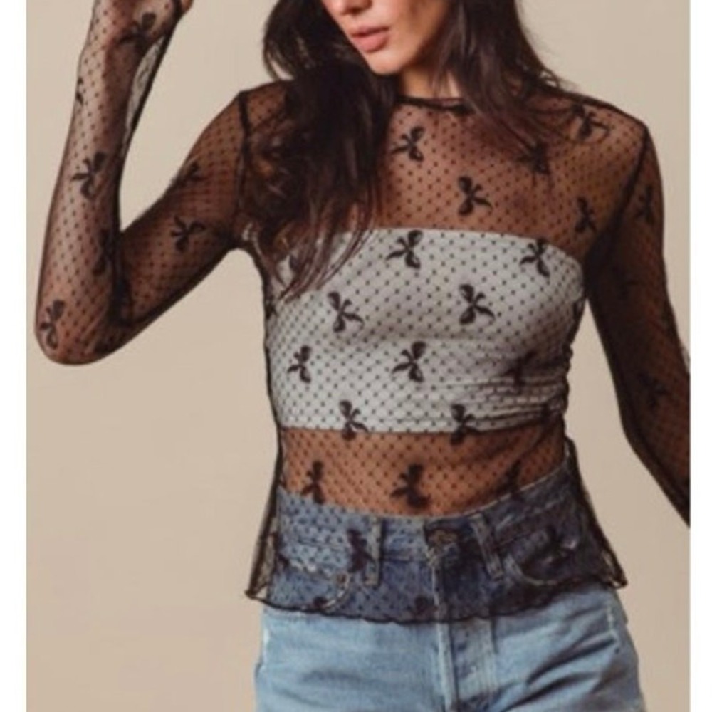 Vici Black Dot and Bow Women's M Sheer‎ Mesh Long Sleeve Top Party Date Night